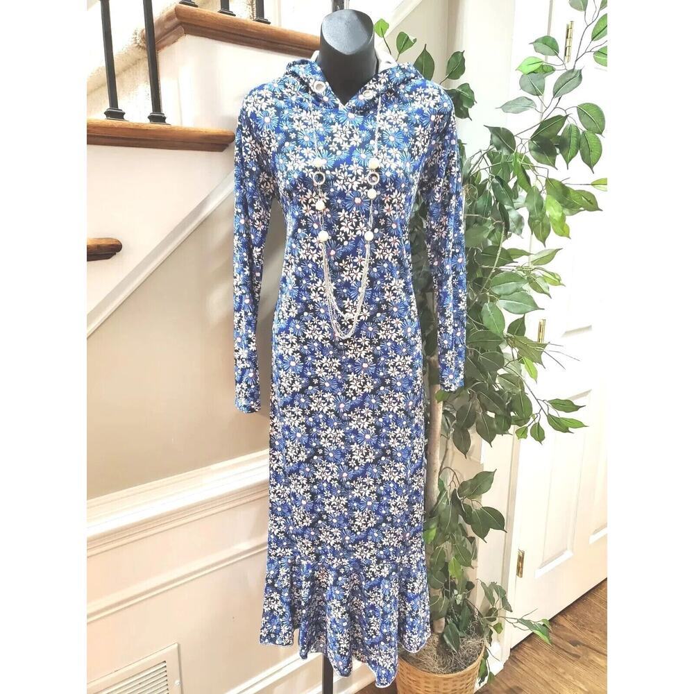 Muni Muni Women's Blue Floral Polyester Long Sleeve Knee Length Hoodie Dress XS